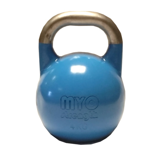 A 4 KG MYO Strength Competition Kettlebell by MYO Strength, blue with a smooth silver handle, perfect for functional strength training, shown on a white background.