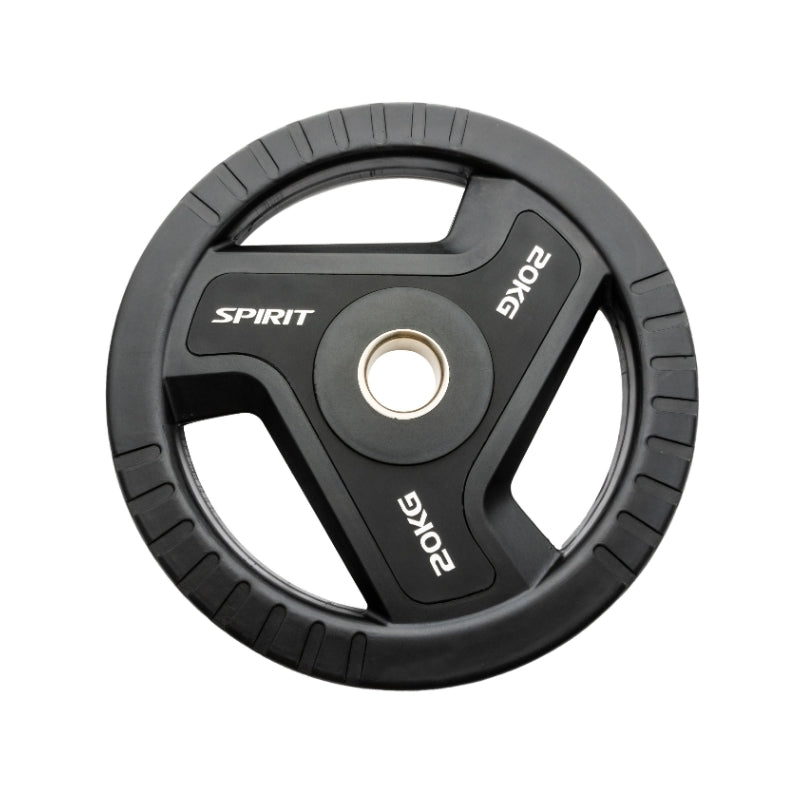 Black weightlifting plate with 'Spirit' branding on a white background