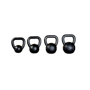 The image shows a black JORDAN UK-Made Cast Iron Kettlebell, hand-cast in Great Britain, featuring a large handle and numbers embossed on the front to indicate it's weight. The kettlebell is set against a plain white background.
