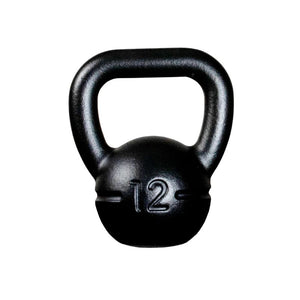 The image shows a black JORDAN UK-Made Cast Iron Kettlebell, hand-cast in Great Britain, featuring a large handle and "12" embossed on the front to indicate its 12kg weight. The kettlebell is set against a plain white background.