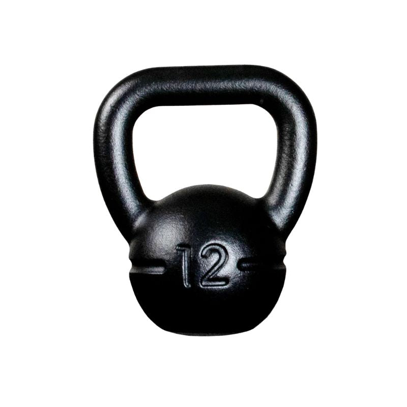 The image shows a black JORDAN UK-Made Cast Iron Kettlebell, hand-cast in Great Britain, featuring a large handle and "12" embossed on the front to indicate its 12kg weight. The kettlebell is set against a plain white background.