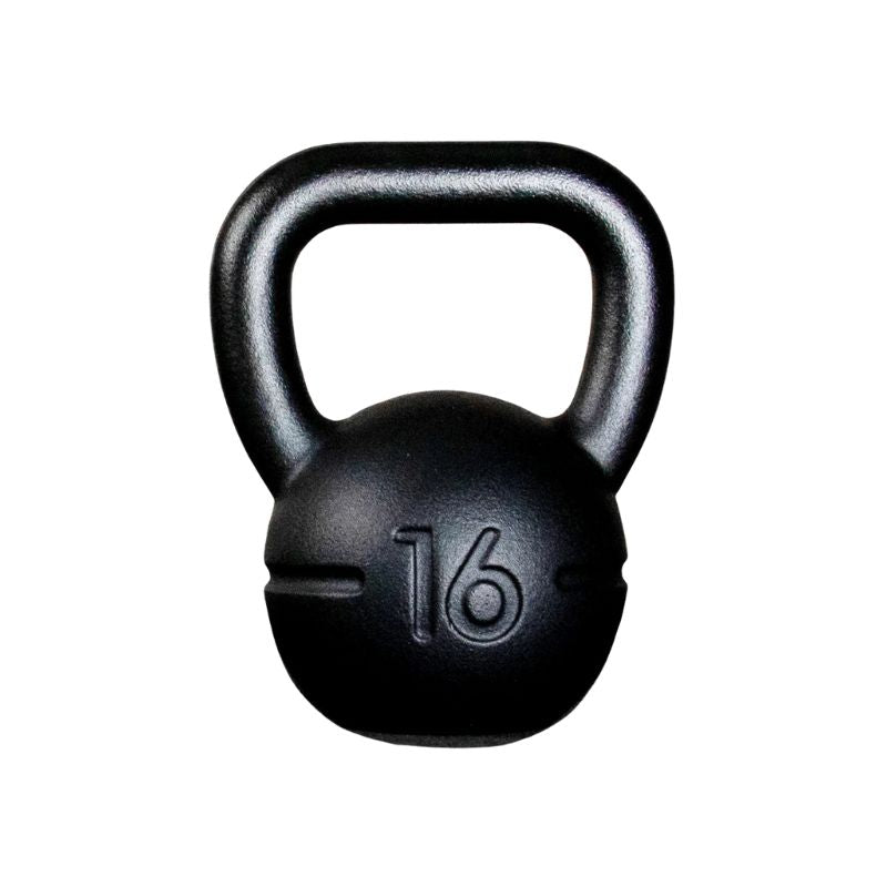 The image shows a black JORDAN UK-Made Cast Iron Kettlebell, hand-cast in Great Britain, featuring a large handle and "16" embossed on the front to indicate its 16kg weight. The kettlebell is set against a plain white background.