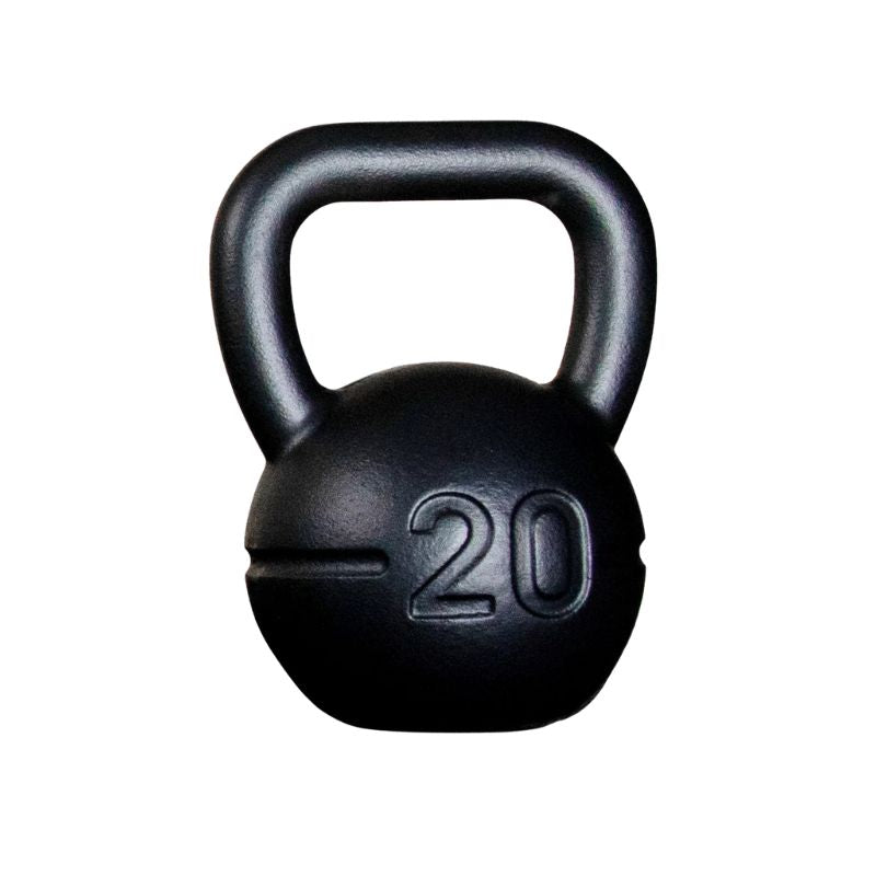 The image shows a black JORDAN UK-Made Cast Iron Kettlebell, hand-cast in Great Britain, featuring a large handle and "20" embossed on the front to indicate its 20kg weight. The kettlebell is set against a plain white background.