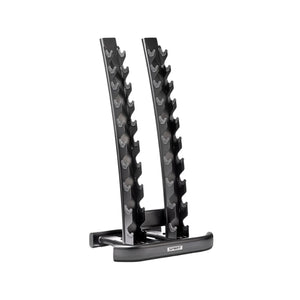 Black weight plate rack on a white background