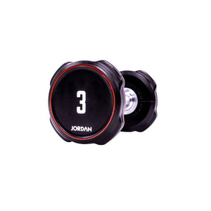 A single black JORDAN Ignite Urethane Dumbbell (1kg) with a silver handle and anti-roll design, branded "Jordan" on the round end, is shown against a white background, highlighting its commercial-grade quality.