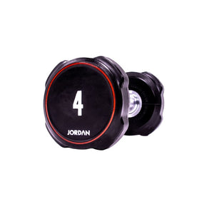 A single black JORDAN Ignite Urethane Dumbbell (1kg) with a silver handle and anti-roll design, branded "Jordan" on the round end, is shown against a white background, highlighting its commercial-grade quality.