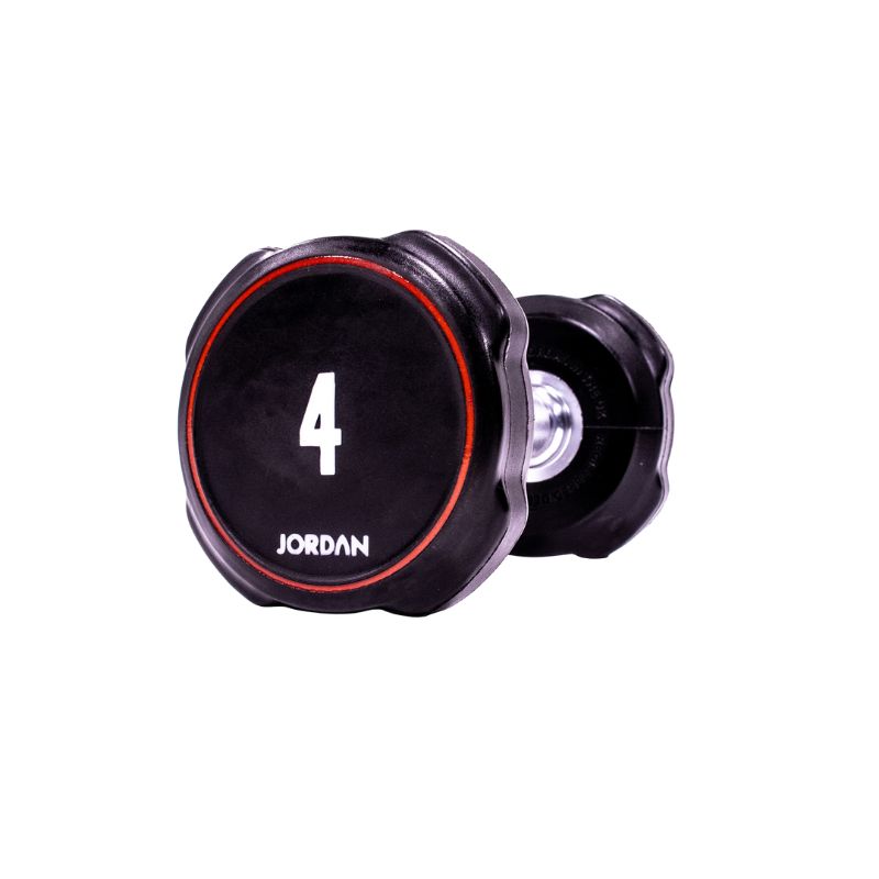 A single black JORDAN Ignite Urethane Dumbbell (1kg) with a silver handle and anti-roll design, branded "Jordan" on the round end, is shown against a white background, highlighting its commercial-grade quality.