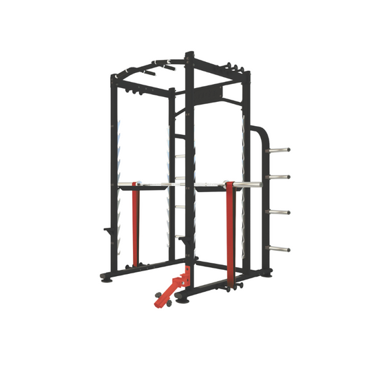 The JORDAN Power Rack with Attachments, by Jordan, is a commercial-grade black and red power rack featuring weight holders and pull-up bars designed for strength training. It stands prominently against a plain white background.