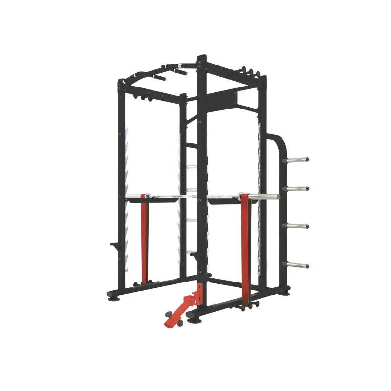 The JORDAN Power Rack with Attachments, by Jordan, is a commercial-grade black and red power rack featuring weight holders and pull-up bars designed for strength training. It stands prominently against a plain white background.