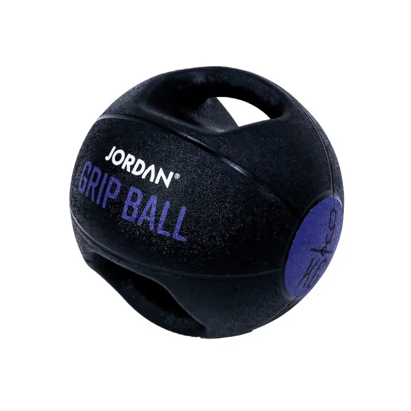 The Jordan Double-Grip Medicine Ball is a black core and functional training tool with red text, perfect for versatile workouts.