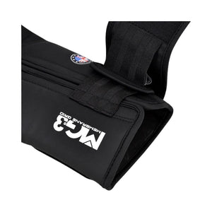 Close-up of a black padded arm or leg support sleeve with a white printed logo reading 'MC3' and 'CLUB ENVY BEYOND' on a white background.
