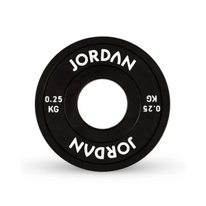 The Jordan Urethane Fractional Change Plate Set features colour-coded Olympic weight plates (0.5kg–2.5kg), including a red 2.5kg plate—ideal for micro-loading and easy weight identification on your barbell. Displayed on a white background.