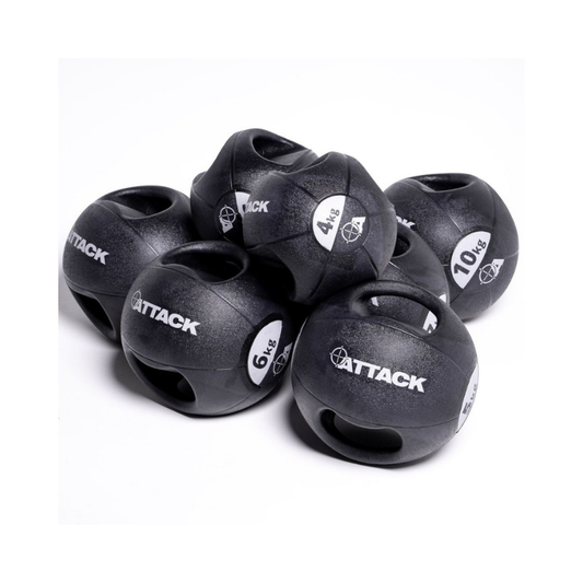 Attack Fitness Double Grip Medicine Ball (3kg) in black features two large side handles, a textured surface, white text, and target graphic—ideal for functional fitness, core strength, and power training.