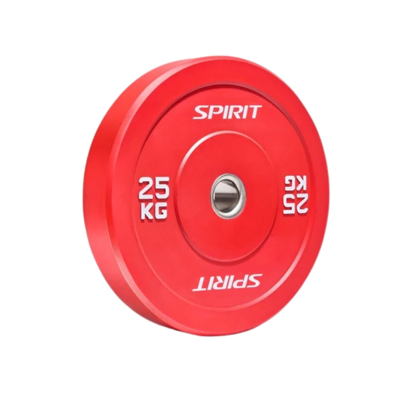 Red weight plate with 'Spirit' branding on a white background