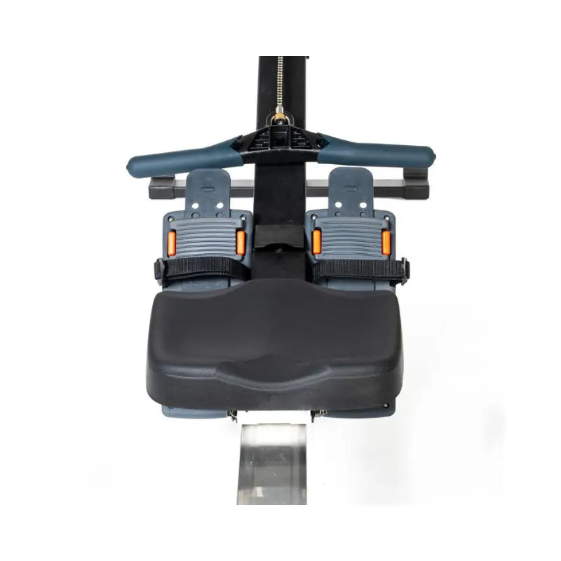 The Attack Fitness Indoor Rowing Machine offers low-impact, full-body cardio with a Bluetooth console and digital display—ideal for home workouts. Shown in black with footrests and flywheel against a white background.