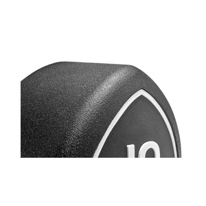 Close up of a black Spirit dumbbell with white text