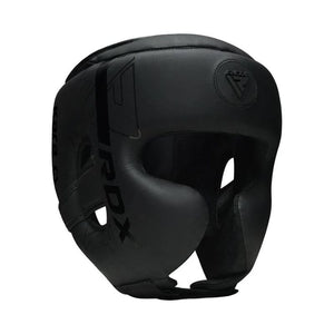 Black FBDX boxing headgear shown from a three-quarters angle on a plain white background.