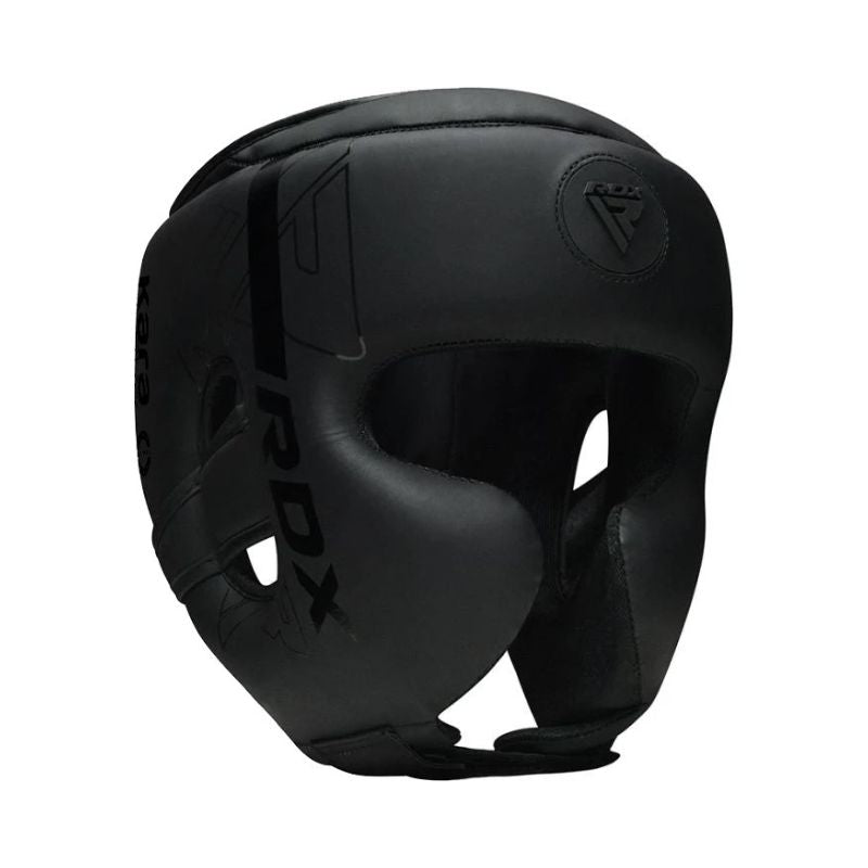 Black FBDX boxing headgear shown from a three-quarters angle on a plain white background.
