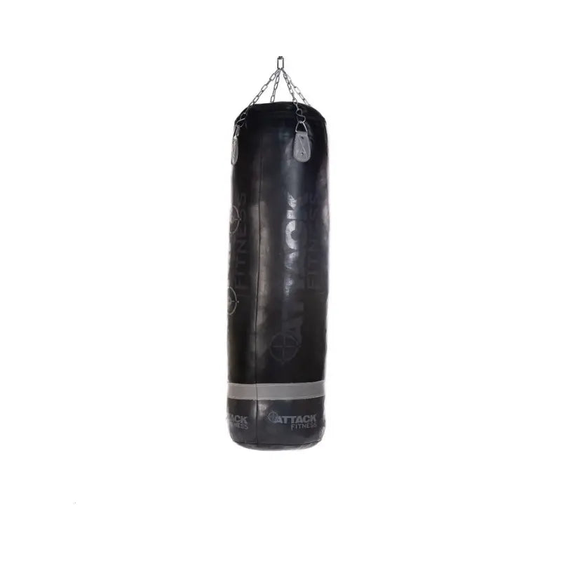 The Attack Fitness 5ft Heavy Duty Leather Punch Bag (70kg, Black/Graphite Grey) hangs from sturdy metal chains. Ideal for MMA and boxing training, it stands out against a plain white background with bold Attack Fitness branding.