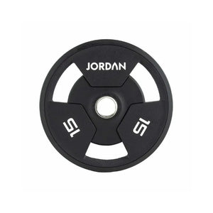 A black JORDAN Urethane Tri-Grip Weight Plate features three grip holes, JORDAN at the top, and 25 twice in white text, showing a 25kg weight. Part of the Jordan Urethane Tri-Grip Weight Plates collection.