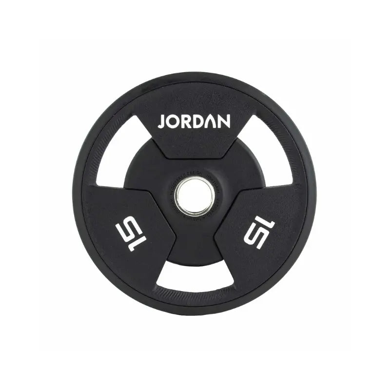 A black JORDAN Urethane Tri-Grip Weight Plate features three grip holes, JORDAN at the top, and 25 twice in white text, showing a 25kg weight. Part of the Jordan Urethane Tri-Grip Weight Plates collection.