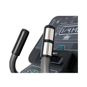 Close-up of elliptical trainer handles with digital display on a white background