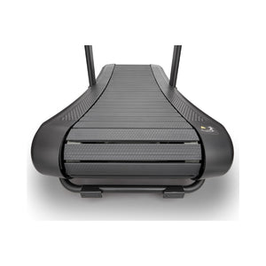 Close-up view of a modern curved treadmill with a black frame and slatted running surface, designed for running or walking exercises.
