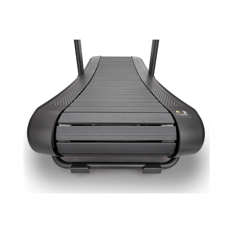Close-up view of a modern curved treadmill with a black frame and slatted running surface, designed for running or walking exercises.