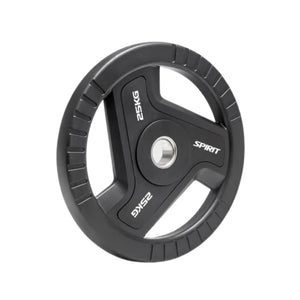 Black weight plate with 'Spirit' branding on a white background