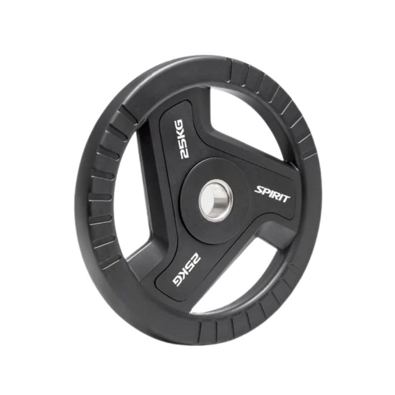 Black weight plate with 'Spirit' branding on a white background