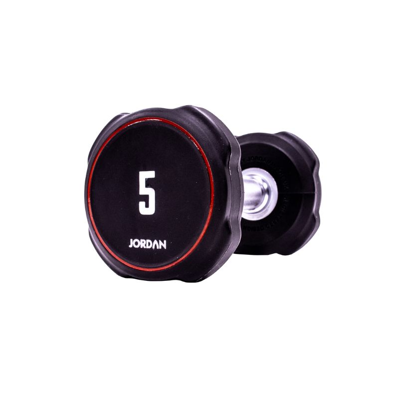 A single black JORDAN Ignite Urethane Dumbbell (1kg) with a silver handle and anti-roll design, branded "Jordan" on the round end, is shown against a white background, highlighting its commercial-grade quality.