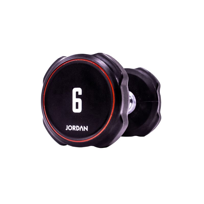 A single black JORDAN Ignite Urethane Dumbbell (1kg) with a silver handle and anti-roll design, branded "Jordan" on the round end, is shown against a white background, highlighting its commercial-grade quality.