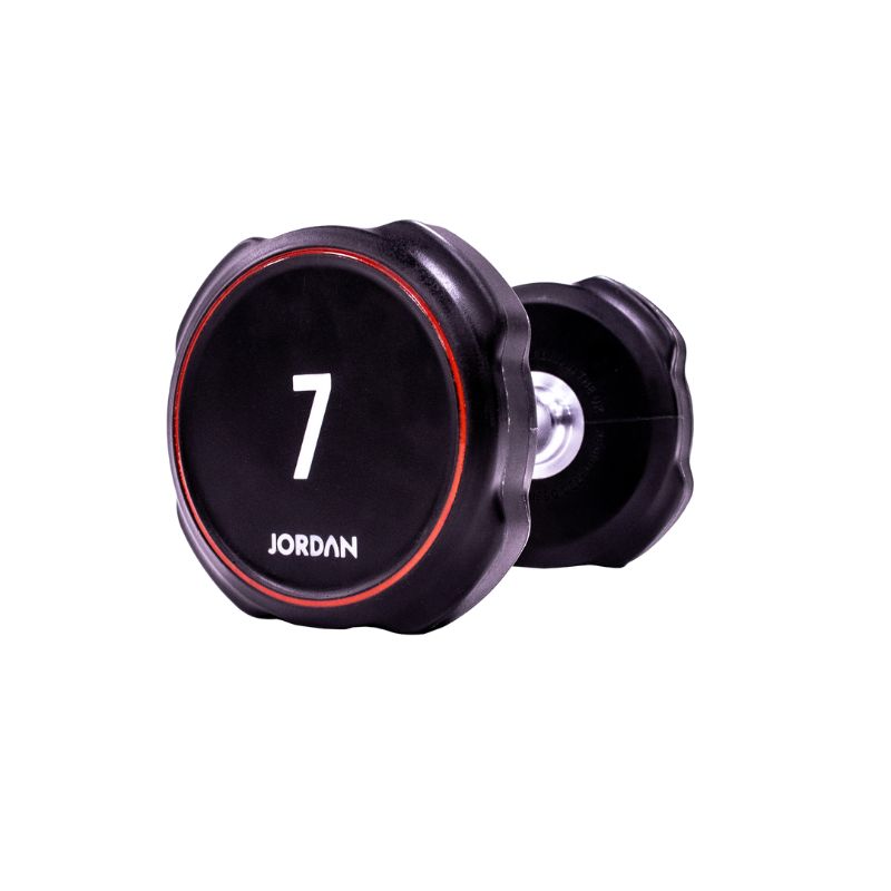 A single black JORDAN Ignite Urethane Dumbbell (1kg) with a silver handle and anti-roll design, branded "Jordan" on the round end, is shown against a white background, highlighting its commercial-grade quality.