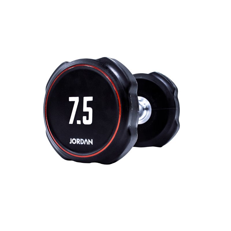 A single black JORDAN Ignite Urethane Dumbbell (1kg) with a silver handle and anti-roll design, branded "Jordan" on the round end, is shown against a white background, highlighting its commercial-grade quality.