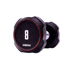A single black JORDAN Ignite Urethane Dumbbell (1kg) with a silver handle and anti-roll design, branded "Jordan" on the round end, is shown against a white background, highlighting its commercial-grade quality.