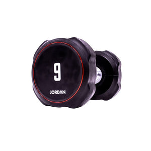 A single black JORDAN Ignite Urethane Dumbbell (1kg) with a silver handle and anti-roll design, branded "Jordan" on the round end, is shown against a white background, highlighting its commercial-grade quality.