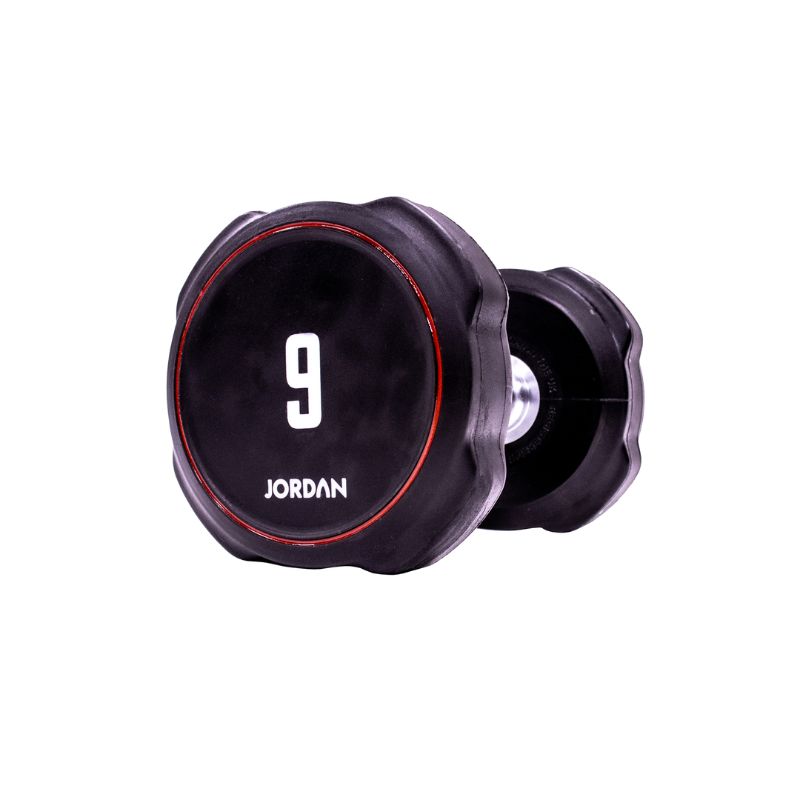 A single black JORDAN Ignite Urethane Dumbbell (1kg) with a silver handle and anti-roll design, branded "Jordan" on the round end, is shown against a white background, highlighting its commercial-grade quality.