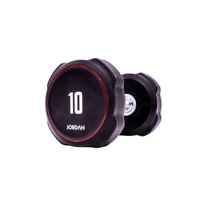 A single black JORDAN Ignite Urethane Dumbbell (1kg) with a silver handle and anti-roll design, branded "Jordan" on the round end, is shown against a white background, highlighting its commercial-grade quality.