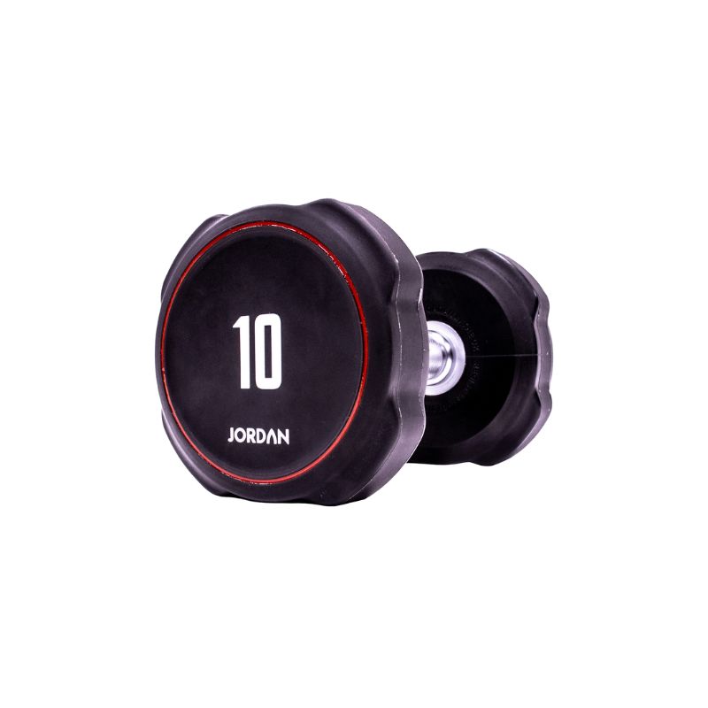 A single black JORDAN Ignite Urethane Dumbbell (1kg) with a silver handle and anti-roll design, branded "Jordan" on the round end, is shown against a white background, highlighting its commercial-grade quality.