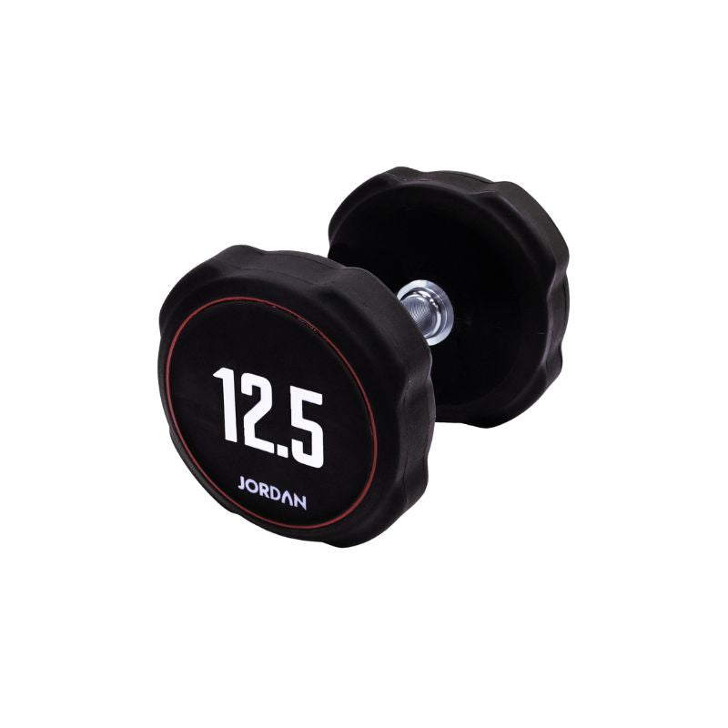 A single black JORDAN Ignite Urethane Dumbbell (1kg) with a silver handle and anti-roll design, branded "Jordan" on the round end, is shown against a white background, highlighting its commercial-grade quality.