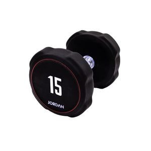 A single black JORDAN Ignite Urethane Dumbbell (1kg) with a silver handle and anti-roll design, branded "Jordan" on the round end, is shown against a white background, highlighting its commercial-grade quality.