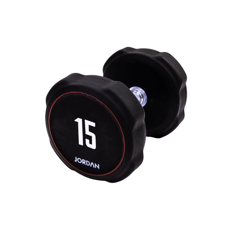 A single black JORDAN Ignite Urethane Dumbbell (1kg) with a silver handle and anti-roll design, branded "Jordan" on the round end, is shown against a white background, highlighting its commercial-grade quality.