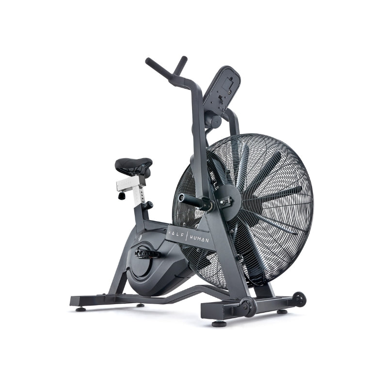 Black exercise bike with fan on a white background