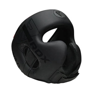 Black RDX boxing headgear shown from a three-quarter angle on a solid white background.