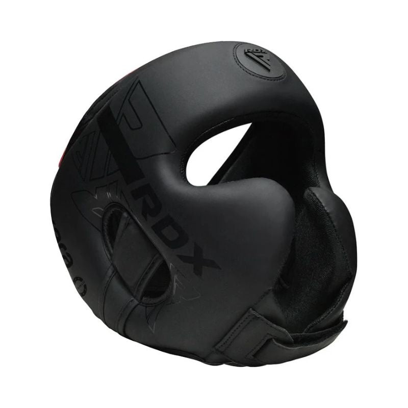 Black RDX boxing headgear shown from a three-quarter angle on a solid white background.