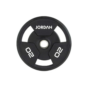 A black JORDAN Urethane Tri-Grip Weight Plate features three grip holes, JORDAN at the top, and 25 twice in white text, showing a 25kg weight. Part of the Jordan Urethane Tri-Grip Weight Plates collection.