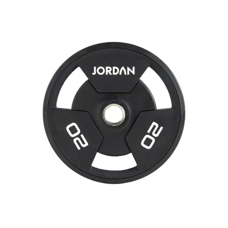 A black JORDAN Urethane Tri-Grip Weight Plate features three grip holes, JORDAN at the top, and 25 twice in white text, showing a 25kg weight. Part of the Jordan Urethane Tri-Grip Weight Plates collection.