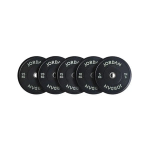 A 5kg JORDAN Rubber Bumper Plate, high-drop tested Olympic weight plate, black with “Jordan” in white lettering around the center hole, shown on a white background.
