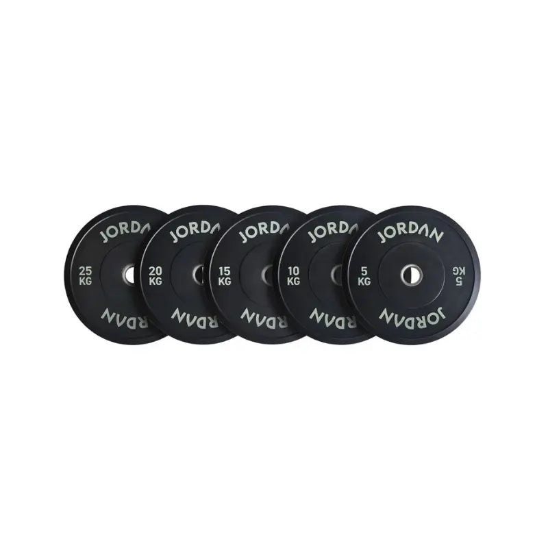 A 5kg JORDAN Rubber Bumper Plate, high-drop tested Olympic weight plate, black with “Jordan” in white lettering around the center hole, shown on a white background.