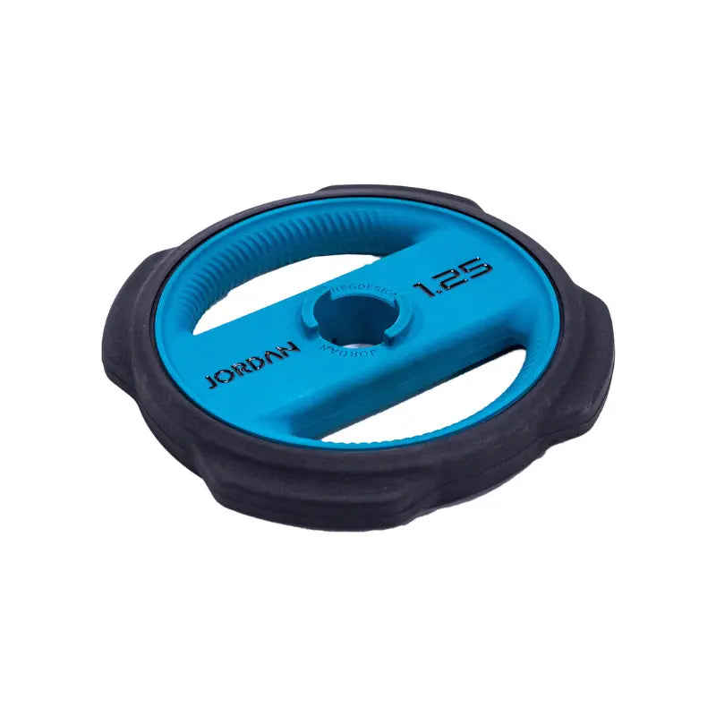The Jordan Ignite Pump X™ Urethane Studio Barbell Set features vibrant teal, orange, and purple plates on a white background—ideal for pump-style workouts and casting a unique shadow.